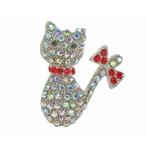 Crystal cat pin brooch with red crystal collar and bow. Cute women's cat pin New
